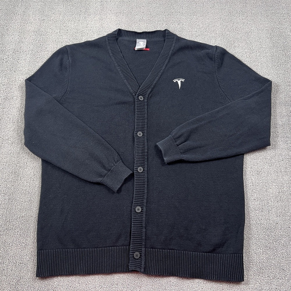 Tesla Motors Cardigan Adult Large Black Knit Button Up Long Sleeve Casual Men's